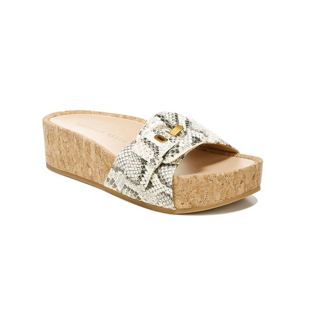 Veronica Beard Dixie Snakeskin Python Platform Cork Leather Buckle Slide